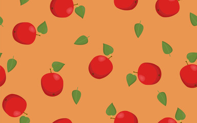 Red apples are isolated on a orange colored background. Seamless pattern. Red apples and green leaves. Background for textile, paper, cover, dishes, interior decor.