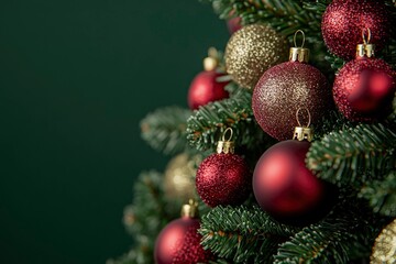 Fototapeta premium Close-up of Red and Gold Christmas Ornaments on a Green Christmas Tree