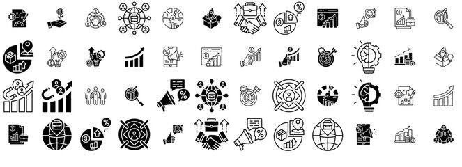 Set Of Linear Business Growth Isolated Silhouette Solid Icons With Business,Success,Marketing,Growth,Strategy Stroke Icon Collection. Vector Illustration