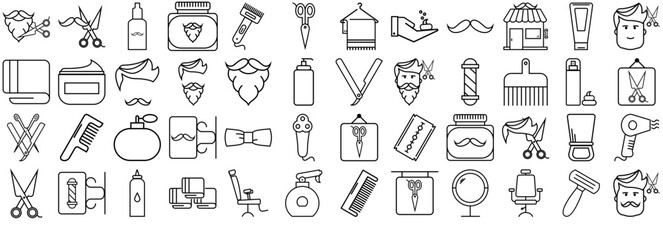 Mega Set Of Vector Barber Shop Icons Silhouette Vector Logo Design Containing Barber,Hairdresser,Haircut,Shaving,Hairstyle Outline Icons Collection. Simple Vector Illustration