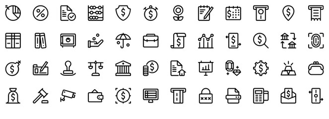 Set Of Linear Banking Vector Symbols Apps, Websites Ui Designs Suitable For Bank,Cash,Usd,Dollar,Money Solid Icon Collection. Vector Illustration