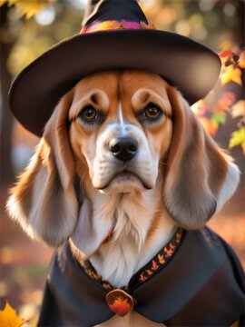 Halloween theme, A Beagle dressed as a witch, sitting in a sunlit garden with a bokeh background of colorful autumn leaves.