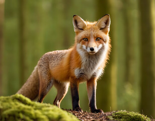 Fototapeta premium A magnificent red fox stands alert in a sunlit forest, its bushy tail and piercing gaze captivating the viewer. Perfect for wildlife documentaries, nature publications, or any project celebrating the 