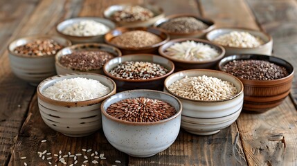 Elegant ceramic bowls filled with a variety of grains like rice, barley, and quinoa, arranged in a symmetrical pattern on a rustic wooden table,