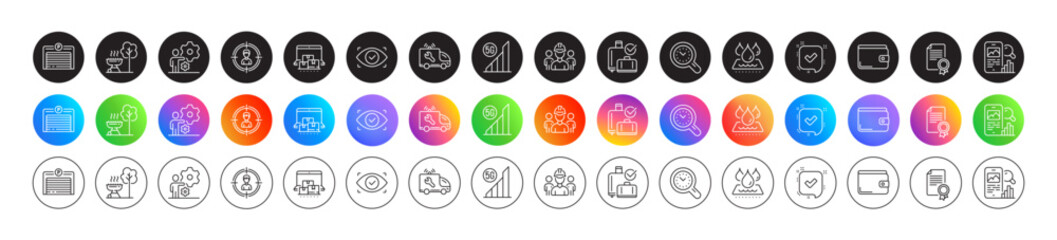 Money wallet, Time management and Certificate line icons. Round icon gradient buttons. Pack of Car service, Engineering team, Waterproof icon. 5g wifi, Online storage, Job pictogram. Vector