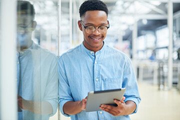 Black man, tablet and online email in office, research news and professional planning on app. Male...