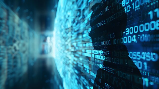 A shadowy, high-tech environment where the risks of identity theft are represented by ominous, fragmented digital doppelg&auml;ngers, hinting at potential misuse and security threats