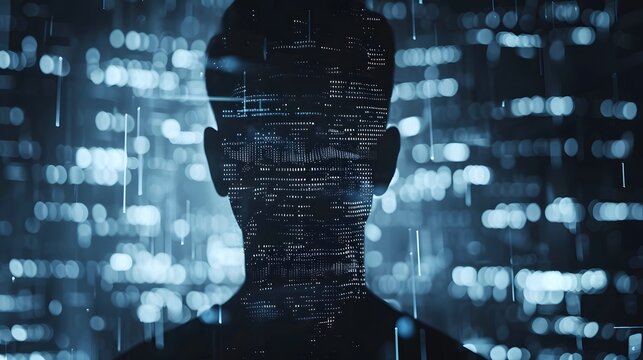 A shadowy, high-tech environment where the risks of identity theft are represented by ominous, fragmented digital doppelg&auml;ngers, hinting at potential misuse and security threats