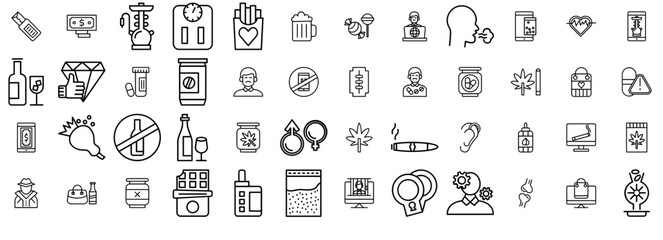 Set Of Addiction Icons Web Header Banner Design Containing Marijuana,Cannabis,Addiction,Drug,Alcohol Solid Icon Collection. Vector Illustration