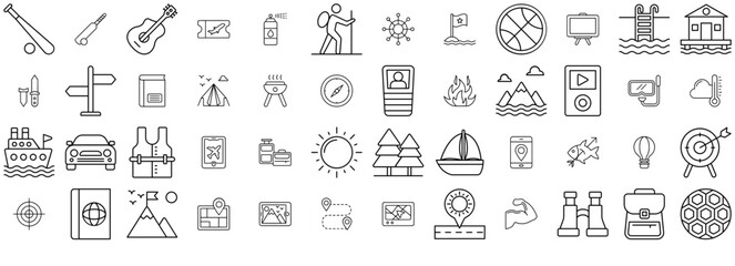 Set Of Adventure Hobbies Line Icons Collection Isolated Silhouette Solid Icons Including Travel,Navigation,Nature,Location,Transport Solid Icon Collection. Vector Illustration