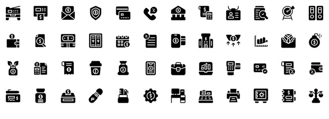 Mega Set Of Vector Accounting Glyph Style Vector Symbols Apps, Websites Ui Designs Suitable For Money,Percentage,Finance,Card,Business Stroke Icon Collection. Vector Illustration