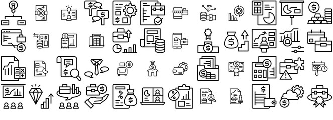 A Collection Of Accounting And Business Icons Web Header Banner Design Containing Finance,Money,Education,Business,Accounting Simple Black Style Symbol Sign For Apps And Website, Vector Illustration