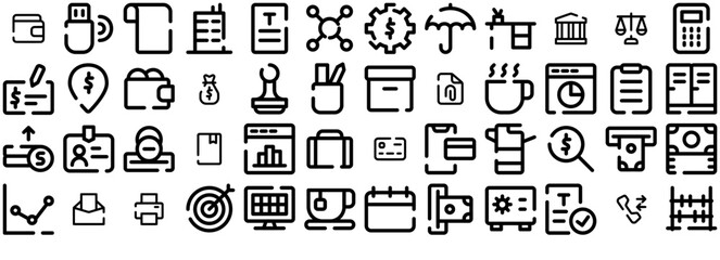 Mega Set Of Vector Accounting Dashed Line Vector Symbols Apps, Websites Ui Designs Suitable For Greenbacks,Cuppa,Coin-Purse,Vault,System Outline Icons Collection. Simple Vector Illustration