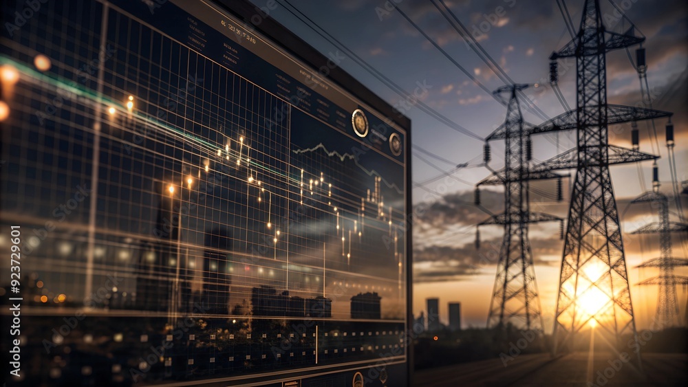 Poster high-tech power grid interface - data analysis and price graphs for energy consumption and market tr
