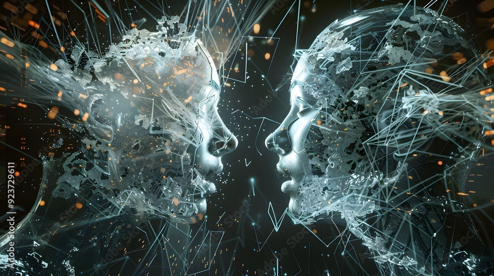 Poster a dramatic digital showdown where two gan networks, a generator and a discriminator, engage in a cre