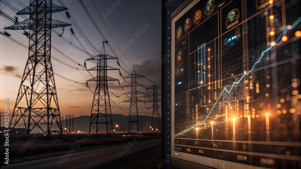 Poster high-tech power grid interface - data analysis and price graphs for energy consumption and market tr