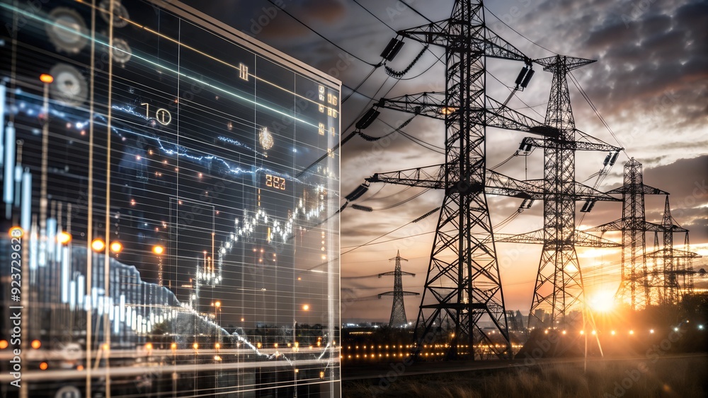 Poster high-tech power grid interface - data analysis and price graphs for energy consumption and market tr