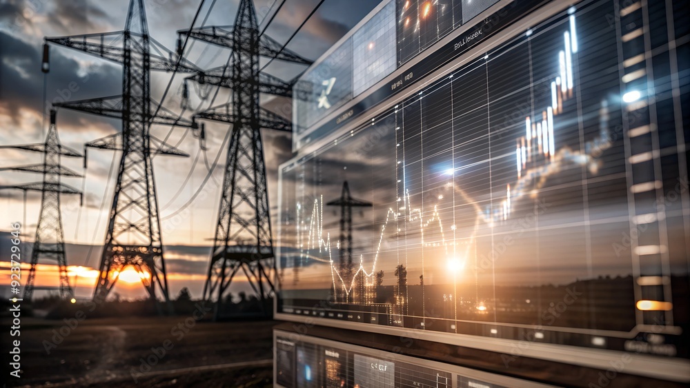 Poster high-tech power grid interface - data analysis and price graphs for energy consumption and market tr
