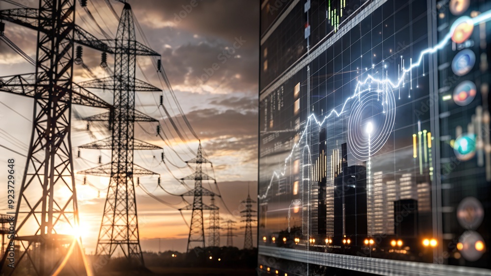 Poster high-tech power grid interface - data analysis and price graphs for energy consumption and market tr