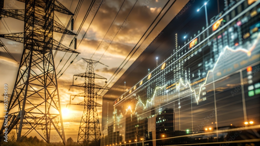 Poster high-tech power grid interface - data analysis and price graphs for energy consumption and market tr