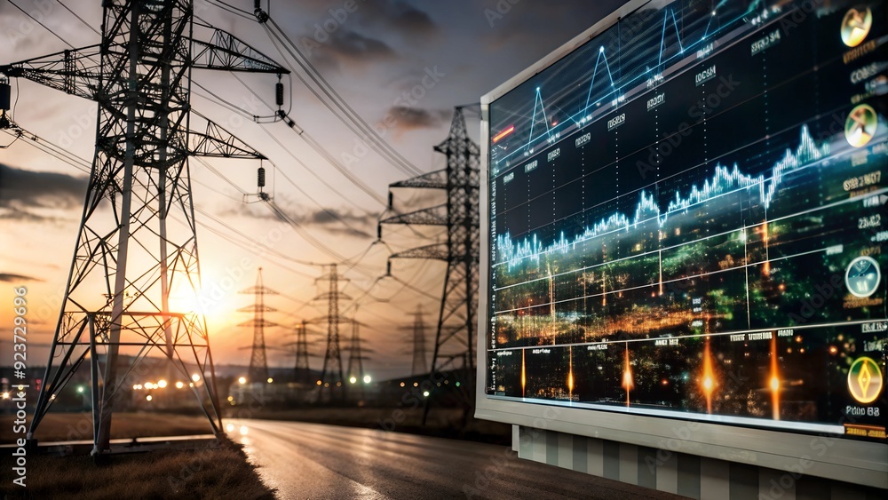 Poster high-tech power grid interface - data analysis and price graphs for energy consumption and market tr