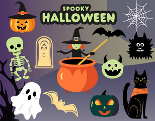 Set of vector elements for halloween in cartoon style. Halloween set witch, pumpkins, ghosts, skeleton.