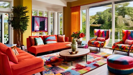 Fototapeta premium Living room with lots of furniture and a large window in a colorful design.