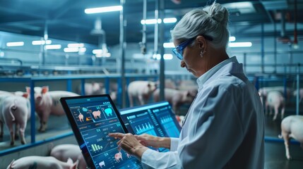 A scientist in a high-tech pig farm monitors livestock data on a touchscreen, ensuring optimal health and productivity of the animals.