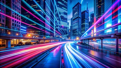 Futuristic City Skyline with Neon Light Trails - Cyberpunk Aesthetic and Abstract Architecture in Vibrant Colors