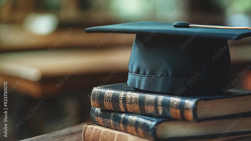 Poster a graduation cap is placed on top of three stacked books in a serene study area, illuminated by soft