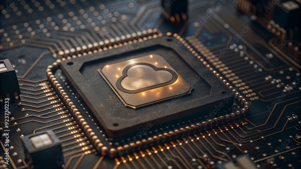 Poster an artistic representation of a cloud computing concept, featuring a microchip with a cloud symbol, 