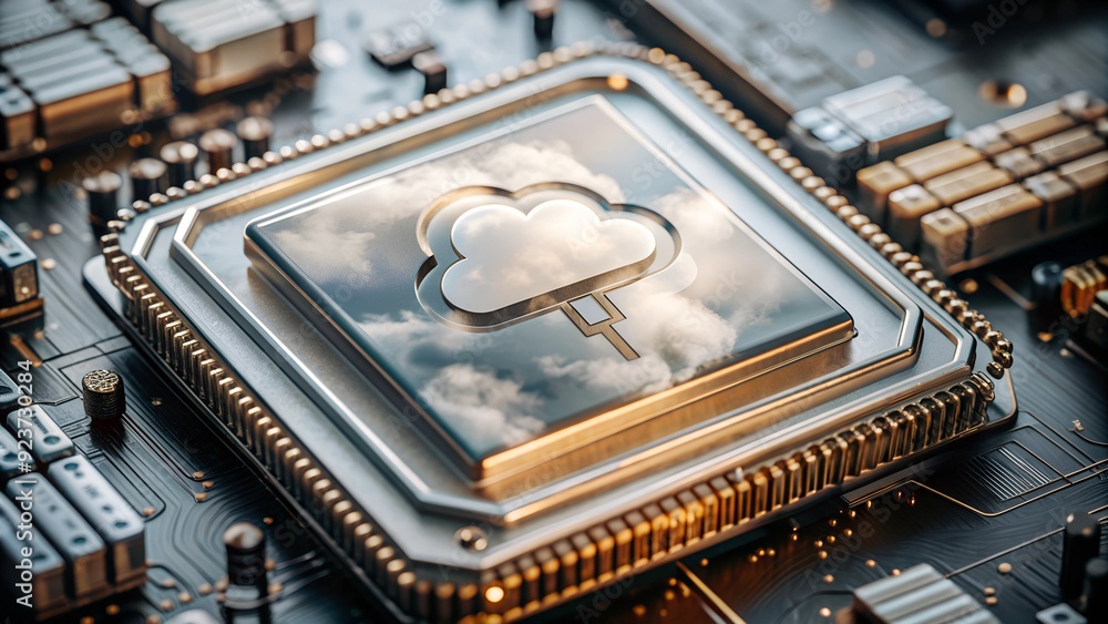 Poster an artistic representation of a cloud computing concept, featuring a microchip with a cloud symbol, 