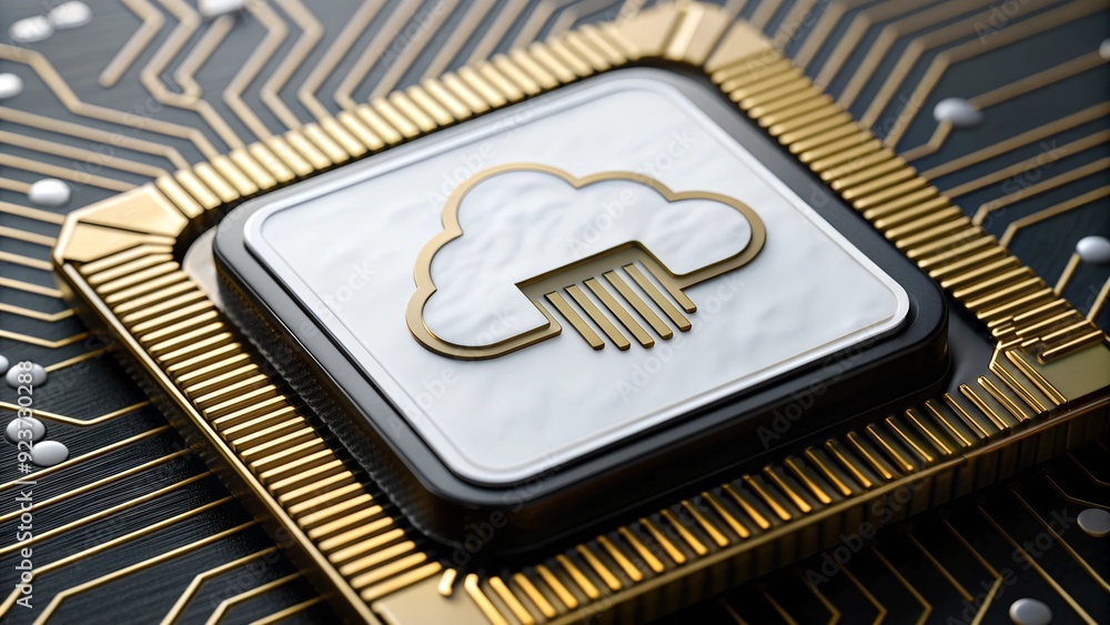 Poster an artistic representation of a cloud computing concept, featuring a microchip with a cloud symbol, 