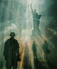 Double exposure photo - U.S. soldiers and Statue of Liberty