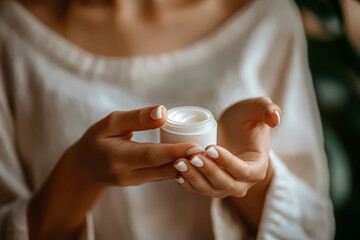Close up hand of woman applying cream on her hands, skin care concept