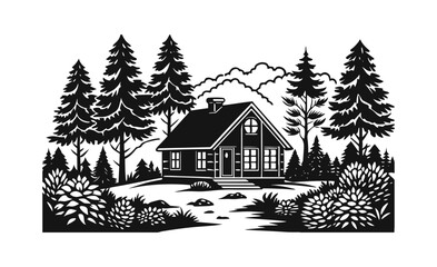 charming rural house silhouette amidst a peaceful, vector silhouette