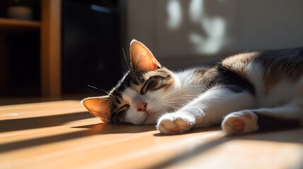 Cat napping on a sunlit spot on the living room floor