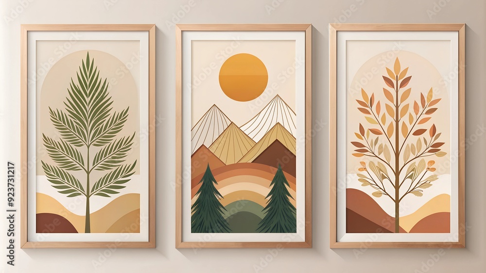 Poster Modern Framed Artwork Trees and Branches with Abstract Shapes and Geometric Patterns in Earthy Tones