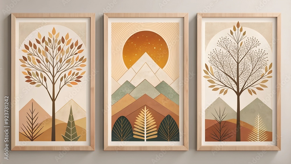 Fototapete modern framed artwork trees and branches with abstract shapes and geometric patterns in earthy tones