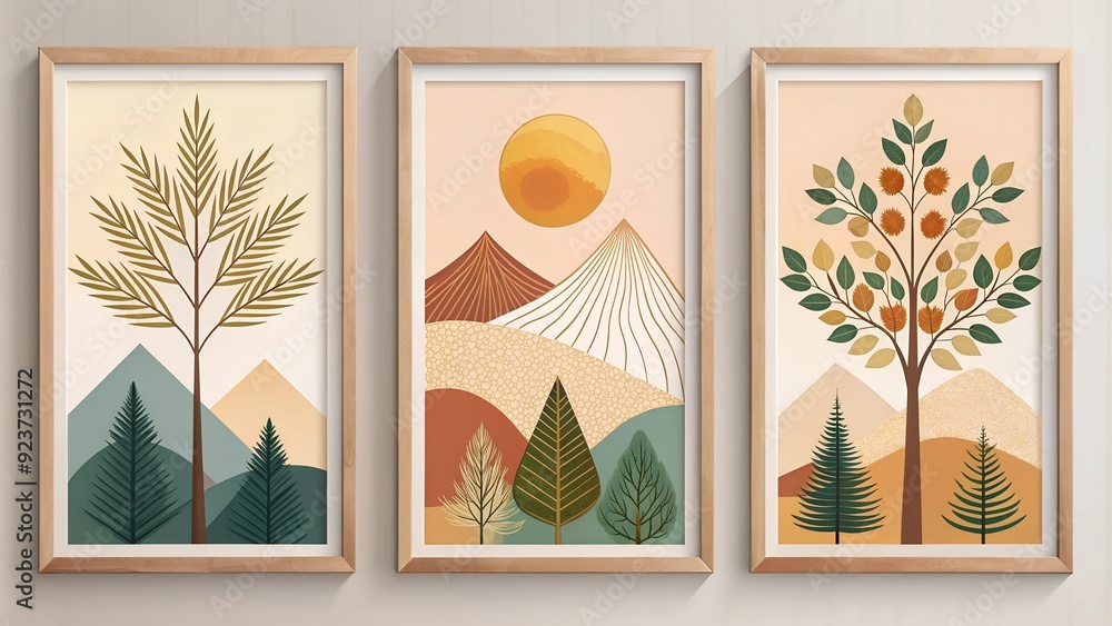 Fototapete Modern Framed Artwork Trees and Branches with Abstract Shapes and Geometric Patterns in Earthy Tones