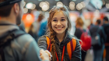 A close-up photograph of a career fair interview, focus on a candidate and recruiter shaking hands, crowded background with other booths and attendees, vibrant and professional setting, hd quality,