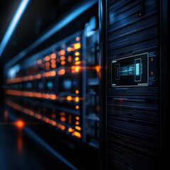 Futuristic data center with glowing servers, representing advanced technology and secure data storage in a digital environment.