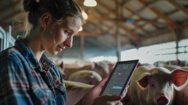 A farmer monitors livestock health and productivity using a tablet in a modern pig farming facility, demonstrating the integration of technology in agriculture.