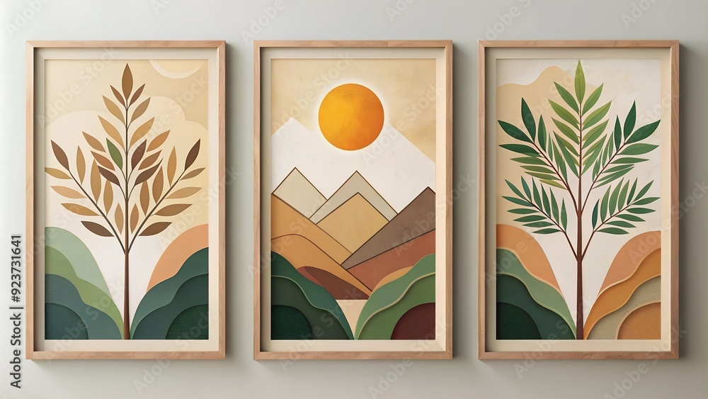 Fototapete modern framed artwork trees and branches with abstract shapes and geometric patterns in earthy tones