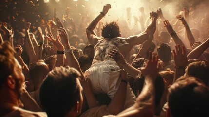 Under dazzling lights, a performer rides the energy of an ecstatic crowd, hands raised in celebration, surrounded by joyful faces and exhilarating atmosphere