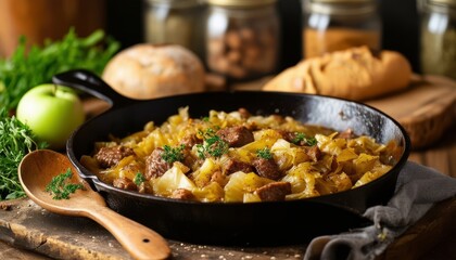 Plato de col estofada con trozos de cerdo y manzanas, presentado en una sartén de hierro fundido sobre una mesa rústica de madera.