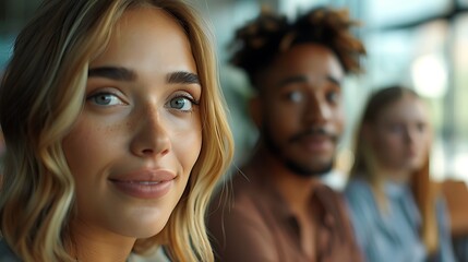Obraz premium A close-up photograph of a group interview, focus on the engaged expressions of the participants, diverse candidates and interviewers in a modern conference room,