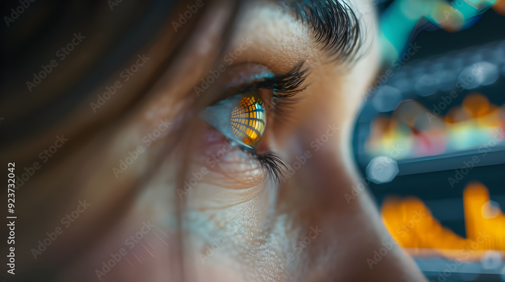 Poster a close-up image of a person's eye reflecting colorful data visualizations, symbolizing focus, analy