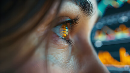 A close-up image of a person's eye reflecting colorful data visualizations, symbolizing focus, analysis, and technology.