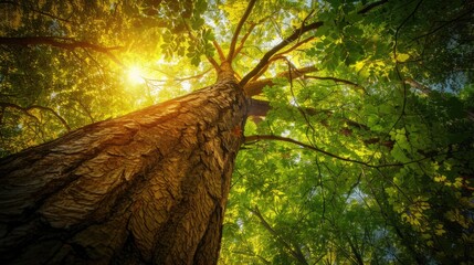 Fototapeta premium travel article detailing the best techniques for capturing the majestic height and vibrant greenery of towering trees through photography.
